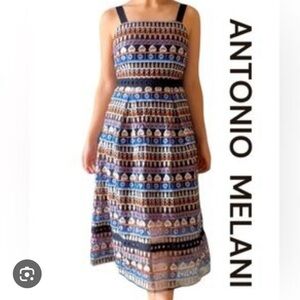ANTONIO MELANI embroidery Strap Midi Dress in Blue, Black and Brown